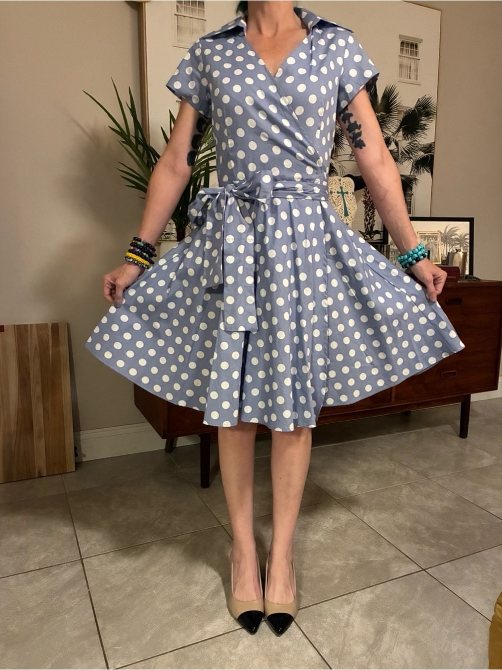 Polka Dot Fit-and-Flare Wrap Dress in Light Blue